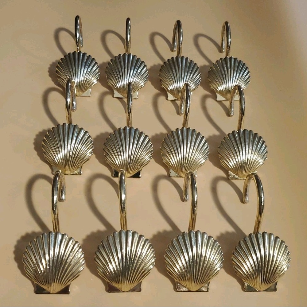 VTG Brass Sea Shell Shower Curtain Hooks Rings Picnic Table Cloth Weights Set 12